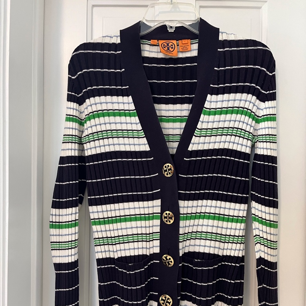 Tory Burch Navy and Green Striped Cardigan